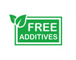 Additives free logo. Preservatives free natural product symbol. Organic food no added preservatives badge. Vector green icon.