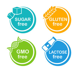 Allergen free label set. Sugar free. Gluten free. GMO free. Lactose free. Natural product and organic food labels. Healthy food sign. Vegan badges. Vector illustration.