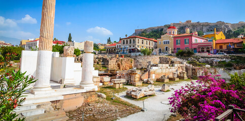 Wall Mural - Beautiful Hadrian Library in Monastiraki square, Plaka District, Athens, Greece.