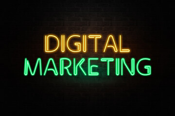 Poster - Abstract Digital Marketing Advertisement on Neon Wall in the Night Time. Modern marketing backdrop concept banner