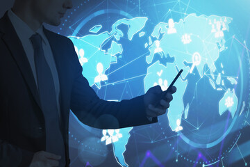 Poster - Businessman with smartphone on background of world map hologram