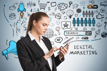 Poster - Businesswoman in suit using phone, digital marketing sketch on blue wall