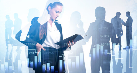 Poster - Businesswoman reading paper report, partners and bar chart market changes
