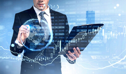 Poster - Businessman with clipboard and pen touch earth globe and candlesticks