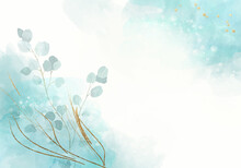 Pale Mint Green Leaves And Golden Swirls - Botanical Design Banner. Floral Pastel Watercolor Border Frame