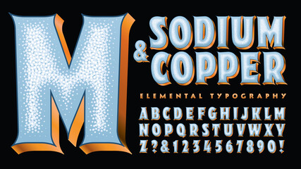 Sticker - Sodium and Copper Alphabet; a stylized font in blue and metallic copper tones, with 3d effects and a white speckled stippling effect in the interior of the letters.
