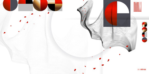 Wall Mural - Abstract background of lines and figures in the Japanese style red black white minimalism. White background vector illustration