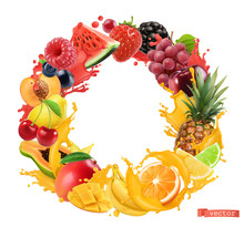 Fruit And Berries Circle Frame. Splash Of Juice. 3d Vector Realistic Objects. Watermelon, Banana, Pineapple, Strawberry, Orange, Mango, Grapes