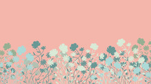 Vector Wildflowers On A Pink Background. Floral Summer Banner In Pastel Shades. Flower Meadow, Lawn. Summer Sale Banner. Green, Blue Floral Grass, Leaves.