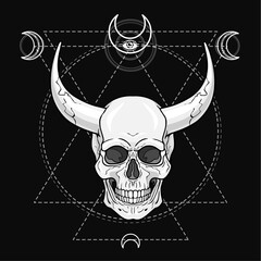 Fantastic horned human skull. Demon, shaman, fairy tale character. Esoteric symbol, sacred geometry. Monochrome drawing, vector illustration. Print, posters, t-shirt, textiles.