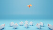 Illustration of leadership concept with orange paper plane leading among white paper boats on blue background