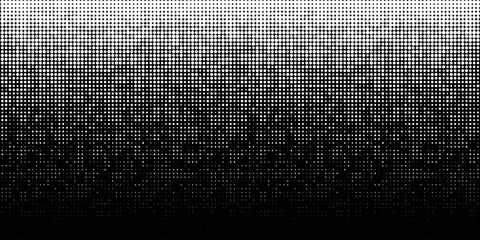 Wall Mural - White Halftone horizontal gradient pattern. Background using halftone random dots texture. Grunge backdrop. Technology design element. Vector Illustration