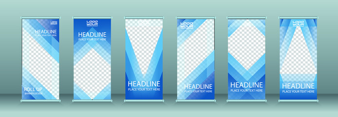 Business Roll Up Set. Standee Design. Banner Template, Abstract Blue Geometric Triangle Background vector, flyer, presentation, leaflet, x-stand, x-banner, exhibition display transparent template.