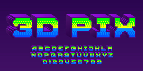 Poster - 3D Pix alphabet font. Pixel letters, numbers and punctuations. 80s arcade video game typeface.