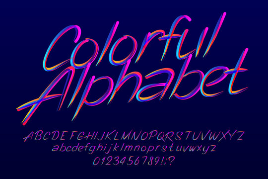 Colorful alphabet font. Hand drawn letters, numbers and punctuation. Uppercase and lowercase. Hand written vector typescript for your design.