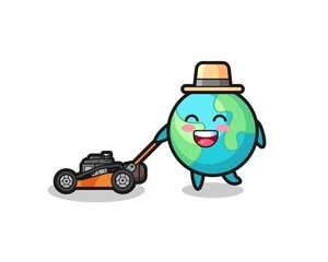 Wall Mural - illustration of the earth character using lawn mower