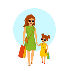 cute smiling mother and daughter, woman and girl walking holding hands  shopping together isolated vector illustration scene