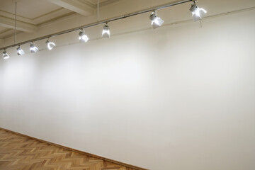 Wall Mural - Interior with empty white wall in perspective with spot lights at art gallery