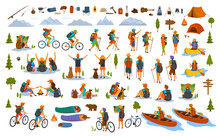 Hiking Trekking People. Young Man Woman Couple Hikers Travel Outdoors With Mountain Bikes Kayaks Camping, Search Locations On Map, Sightseeing Discover Nature Graphic, Isolated Vector Scenes Set