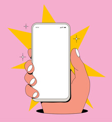 Cartoon comic vintage styled smartphone screen mockup with hand holding phone with blank white display on pink background. Vector illustration