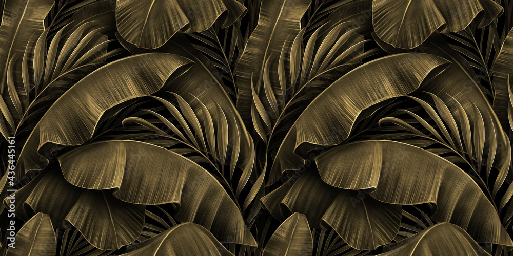 Tropical exotic seamless pattern. Grunge golden banana leaves, palm. Hand-drawn dark vintage 3D illustration. Nature abstract background design. Good for luxury wallpapers, cloth, fabric printing. - obrazy, fototapety, plakaty 