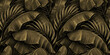 Leinwandbild Motiv Tropical exotic seamless pattern. Grunge golden banana leaves, palm. Hand-drawn dark vintage 3D illustration. Nature abstract background design. Good for luxury wallpapers, cloth, fabric printing.