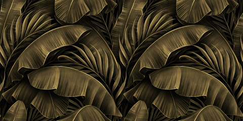 tropical exotic seamless pattern. grunge golden banana leaves, palm. hand-drawn dark vintage 3d illu