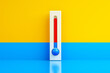 Cold and hot, blue and red thermometer over yellow-blue background, 3d rendering, concept temperature regulation