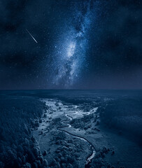 Wall Mural - milky way and falling stars over wildlife.