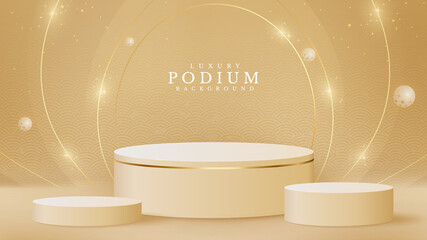 Wall Mural - Luxury abstract scene. Golden curve lines sparkle and balloons with cylinder podium shape for show product. Cream color shade background and stage about sweet feeling. vector illustration for design.