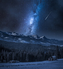 Wall Mural - Milky way over hut in Tatras. Winter mountain at night.
