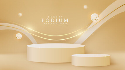 Wall Mural - Luxury abstract scene. Golden curve lines sparkle and balloons with cylinder podium shape for show product. Cream color shade background and stage about sweet feeling. vector illustration for design.