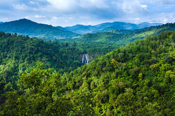 Poster - Scenery of waterfall in the tropical rainforest at sunrise.