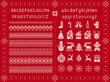 Christmas font and xmas elements. Vector. Knit seamless borders. Sweater pattern. Fairisle ornament with type, snowflake, deer, bell, tree, snowman, gift box. Knitted print. Red textured illustration