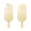 Whole and bitten ice cream Eskimo vector illustration. Popsicles covered with white chocolate with wooden stick isolated on white background