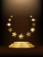 Wall Mural - Golden podium with stars glowing. Gold stage with glitter and light smoke on dark background. Hollywood fame in film and cinema or championship in sport vector illustration