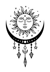 Wall Mural - sun and crescent moon vector silhouette design. boho sun with face. monochrome illustration. symbols