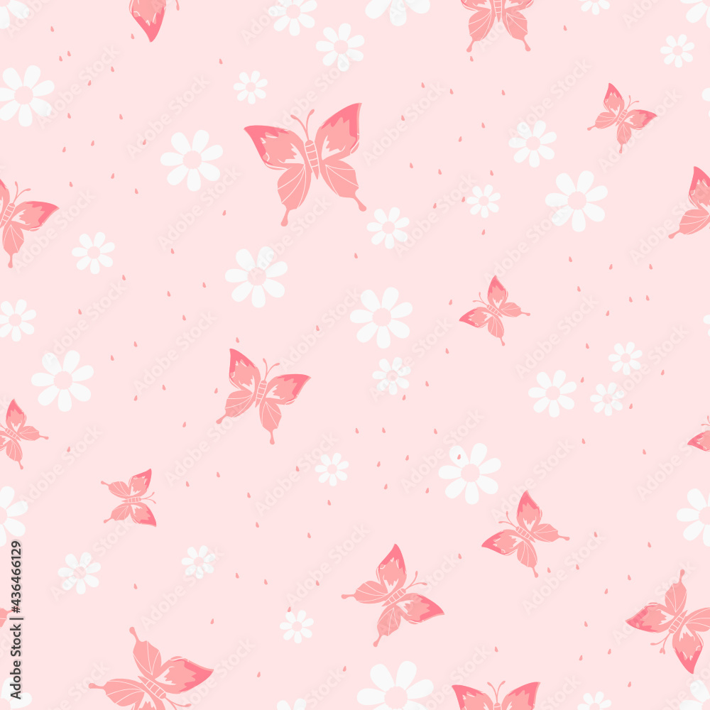 Seamless pattern with daisy flower and butterfly cartoons on pink ...