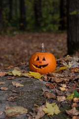 Wall Mural - Close-up view of Jack O' Lantern face in the forest. Smiling face carved on orange pumpkin. Side view. Selective focus. Halloween theme.