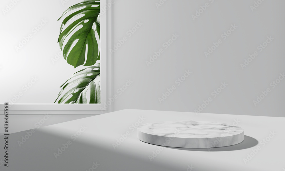 White marble product display podium with nature leaves background. 3D ...