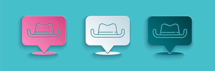 Poster - Paper cut Location cowboy icon isolated on blue background. Paper art style. Vector