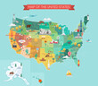 USA tourist map with famous landmarks and state names.