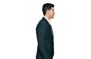 Handsome hispanic man wearing business clothes looking to side, relax profile pose with natural face and confident smile.