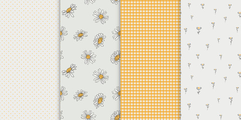 Canvas Print - Set of 4 pattern in rustic style. Plaid, dots, strips and daisy textures in yellow and white colors.