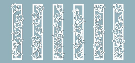 Wall Mural - Magnolias flowers pattern. Set, panel for registration of the decorative surfaces. Vector illustration of a laser cutting. Plotter cutting and screen printing