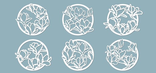 Wall Mural - Magnolia buds in the circle. Laser cutting. Craft paper for decoration. Plotter, screen printing.