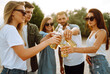 Group of friends cheers and drink beers on the beach. Young friends relaxing on the beath having picnic, toasting with beerus. People, lifestyle, travel, nature and vacations concept.
