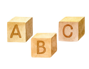 Wooden cubes with letters ABC. Alphabet block. Watercolor illustration isolated on white.