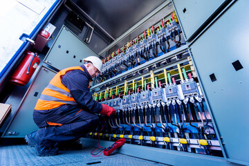 Wall Mural - checking the operating voltage levels of the solar panel switchgear compartment