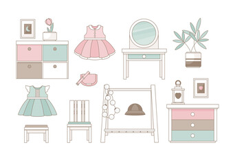 Wall Mural - A large set of furniture and accessories for the children's room